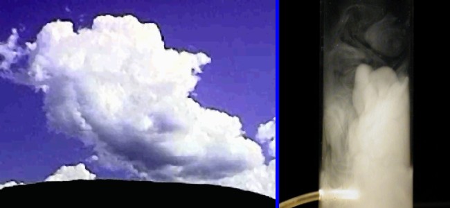 Side-by-side images of puffy white clouds in a blue sky (left) and a cylinder of smoke (right).