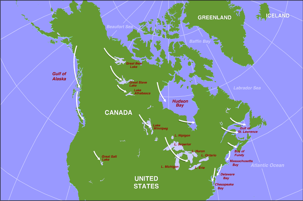 Map showing the bodies of water in North America that can be sources of lake-effect snow.