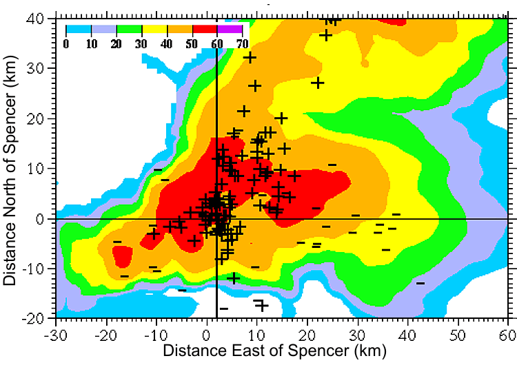 A plot of lightning strikes superimposed on the radar reflectivity of a thunderstorm in Spencer, SD