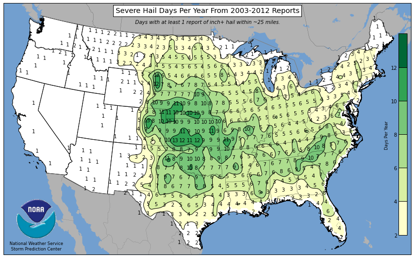 Map showing the average annual number of "severe hail" days from 2003-2012.