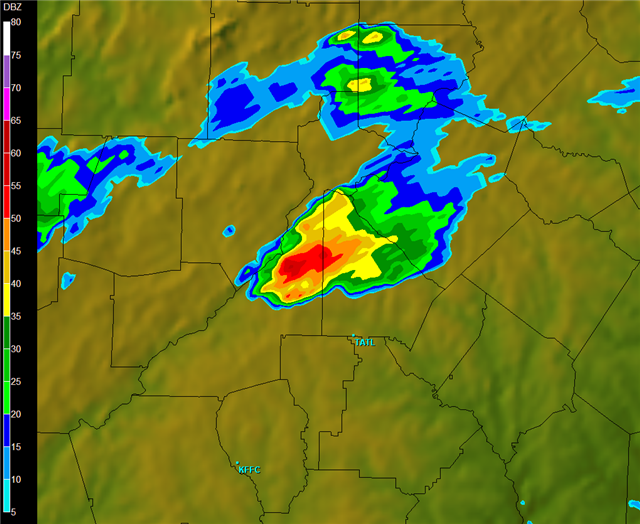 Radar image of a supercell lacking a defined hook echo.