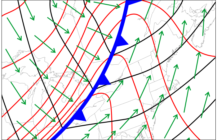 A drawing to show an upward spike in temperatures and a northward spike in isotherms. 