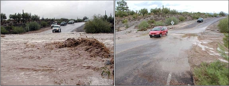 (Left) photo of a flash flood at its peak. (Right) Photo 2.5 hours later once it had subsided.
