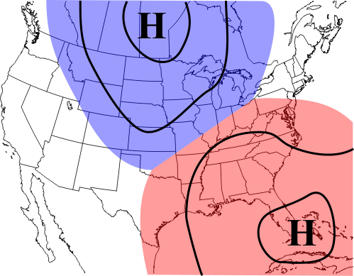 Schematic showing two opposing air masses and their associated highs.