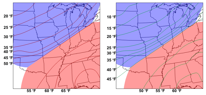 A pair of maps to show the zone where two air masses meet. See caption for more.