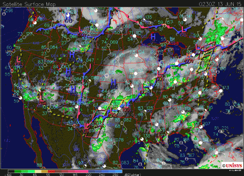 Composite of satellite infrared image overlaid with surface analysis and radar for united states