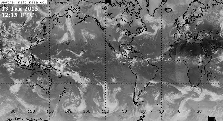 Global composite infrared satellite image with swirling white clouds