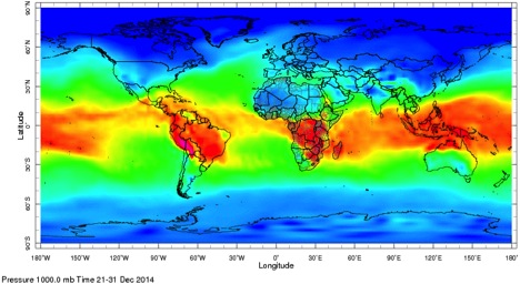 world map showing water vapor mixing ratios. red at equator, dark blue near poles