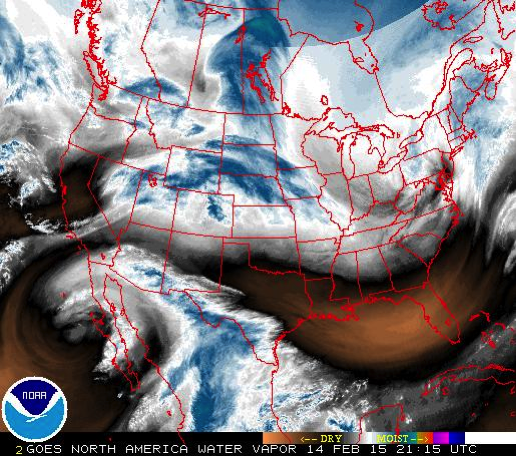satellite image of north america showing water vapor in atmosphere. blue represents water, most over mexico and midwest