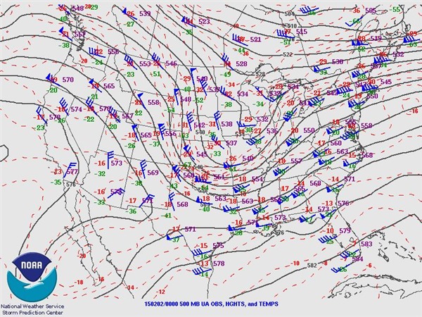 Weather map of the United States for February 2, 2015. Analysis for the 500 hPa pressure surface (about 5 km altitude), with isopleths, wind vectors, and enhanced relative humidity.