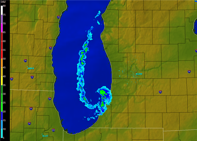 A single lake-effect snow band over Lake Michigan
