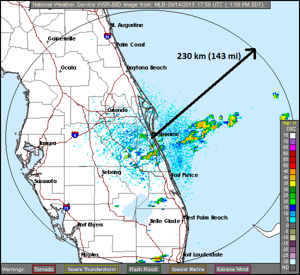 Single-site radar image from the Melbourne, Florida NEXRAD