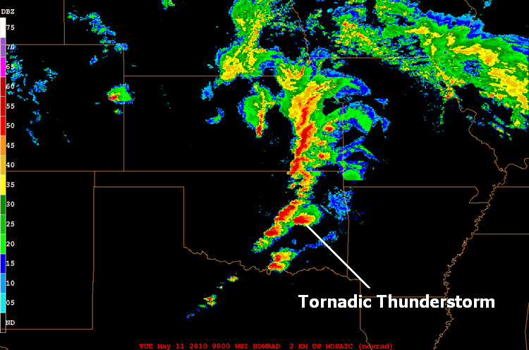 Radar image showing tornadic thunderstorms