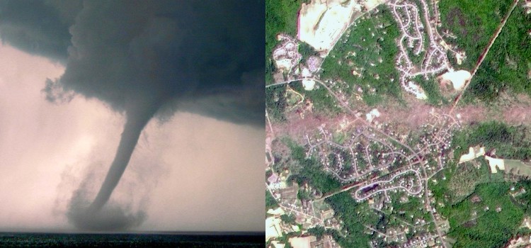 Left: Photograph of the LaPlata tornado. Right: Aerial view of the damage path