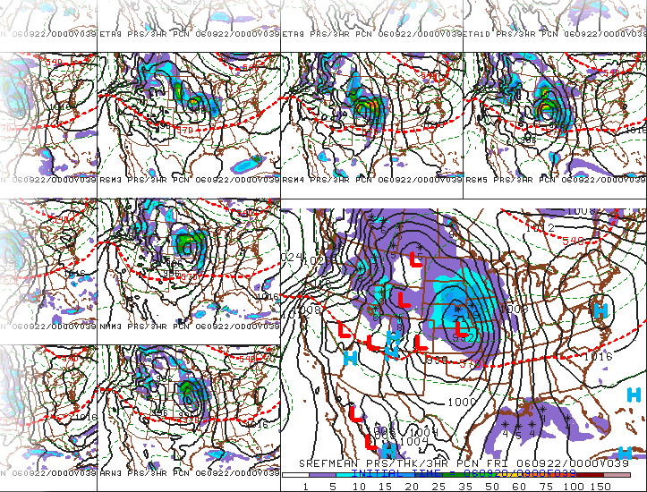 Cropped version of the 39-hour SREF forecasts for MSLP isobars and three-hour precipitation, valid at 00Z on September 22, 2006.