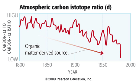 Graph of carbon-13 to carbon-12 Ratio from 1800 - 2000. ratio drops sharply around the 1990s