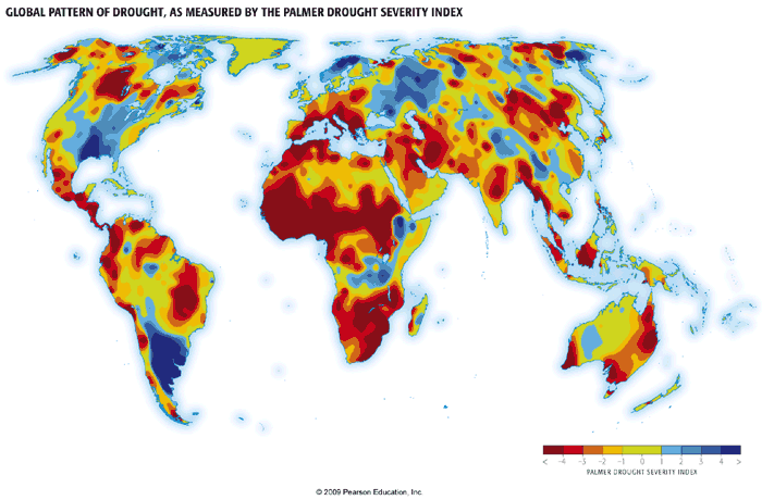 map of global drought pattern measured by the palmer drought severity index. Driest in Africa and middle east, S. Europe & Canada
