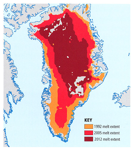 Map of Greenlands melting continental ice sheet. 1992 melt around edges-small, 2005 larger area around edges, 2012 melt in center large area
