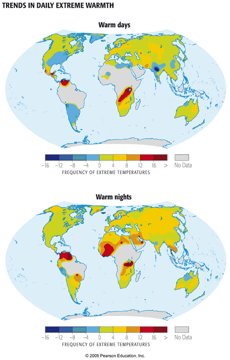 Map of trends in daily and nightly extreme warmth. Warmest in Central America and Africa