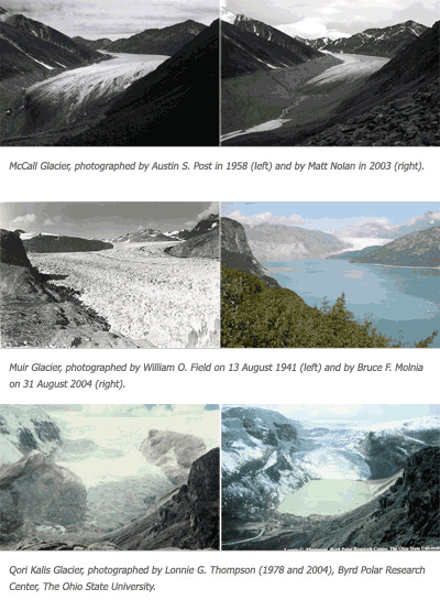 series of six images of McCall Glacier from 1958 to 2004. The images show the glacier shrinking.