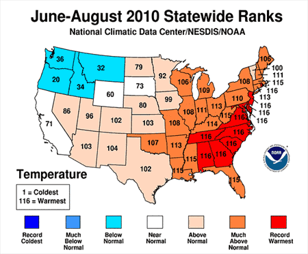 US map of June - Aug 2010 Statewide Ranks in cold & warm temps. Above norm temp. east of the Mississippi & below norm in the pacific n. west