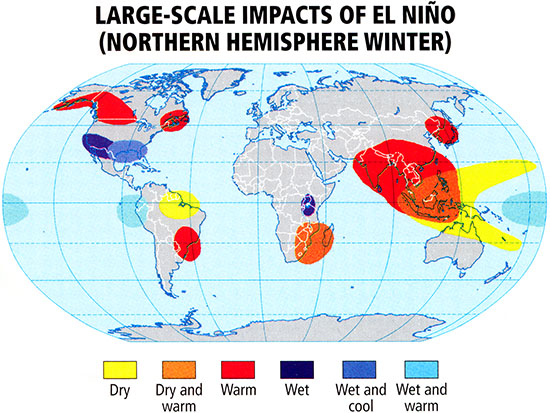 World map showing the large-scale impacts of El Niño explained in text