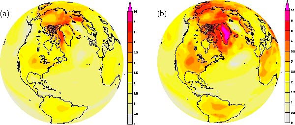On left (a) is the projected temperature change based only on fast feedbacks, while the right (b) shows the eventual warming once slow feedbacks related to the land surface/vegetation changes fully kick in.