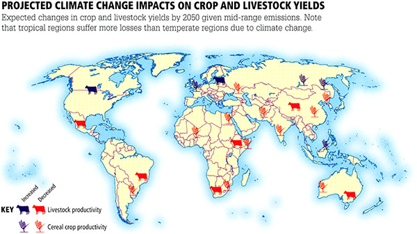 map of projected climate change impact on crop and livestock yields