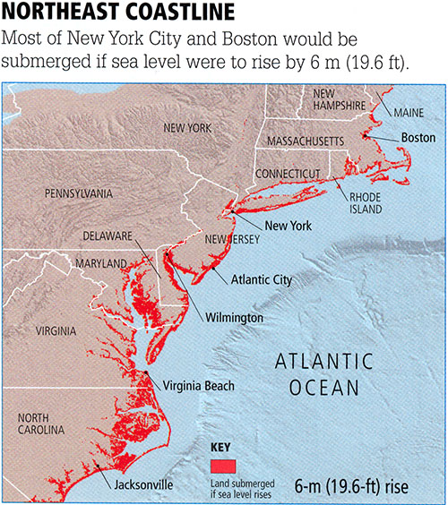 Map of Lost Northeast Coastal Land as a Function of Increasing Levels of Global Sea Level Rise