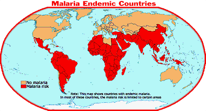 Map of Malaria Endemic Countries, shows they are mainly around the equator