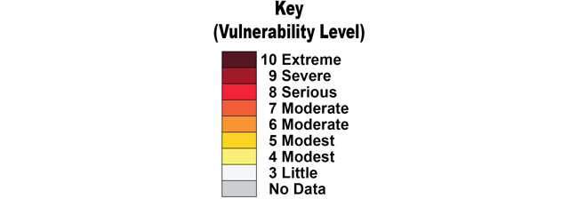 Color-coded numerical key for maps above (Maroon 10=Extreme - Dk Red 9 = Severe, etc. down to White 3 = Little) No Data = Gray