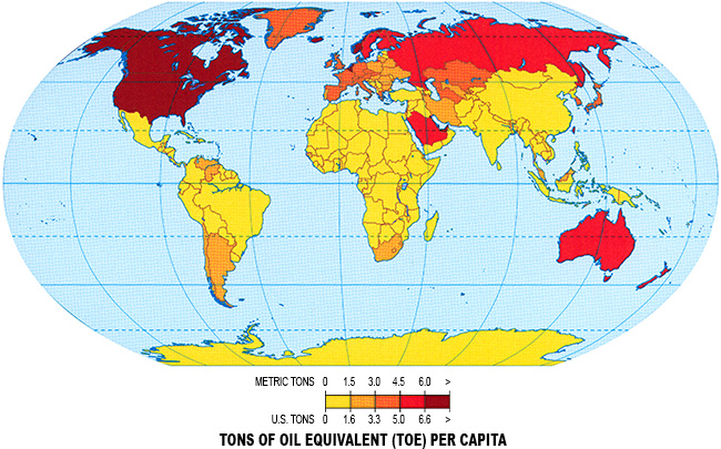 Tons of Oil Equivalent (TOE) per Capita - highest in U.S., Canada, and Alaska