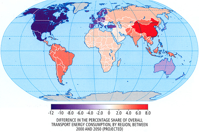 Projection of transport energy consumption by region 2000-2050 - lowest in U.S., Canada, and Alaska.