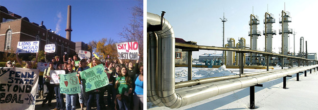 Penn State students protesting in front of the University Park campus' coal-fired power plant (left) and Natural gas extraction (right)