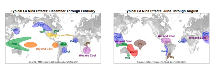 Typical La Niño effects: December through February (on left) and June through August (on right).