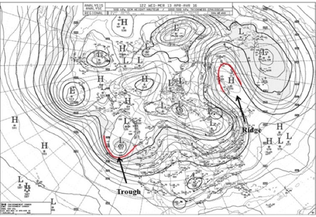 A weather map showing examples of troughs and ridges.