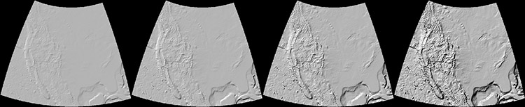 series of four images showing effects of vertical exaggeration, start to see clear shape of US in final 2 images see image caption