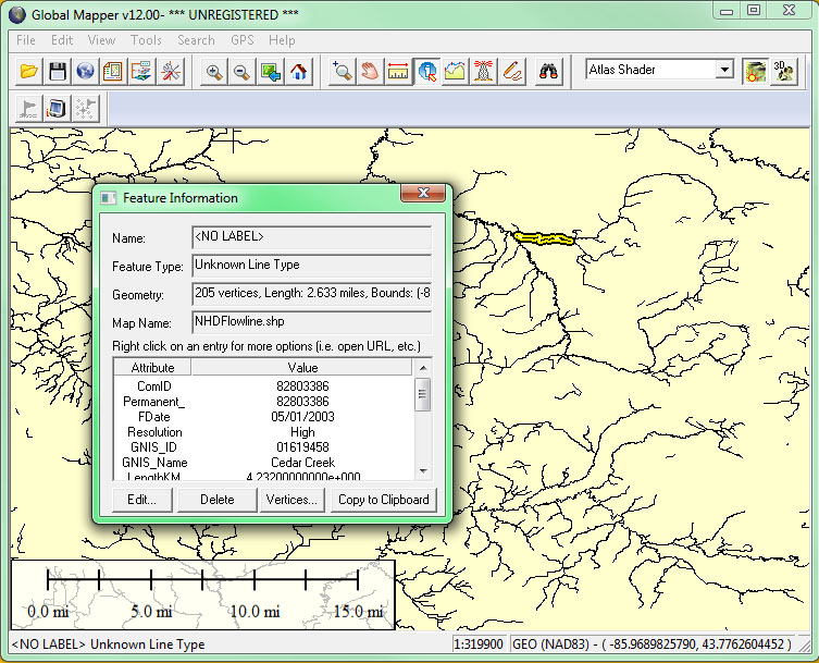 Screenshot of the feature information window in Global Mapper