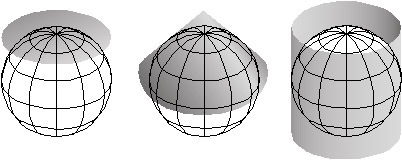 A plane, cone, and cylinder are shown to which the graticule can be projected