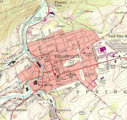 Portion of USGS 7.5-minute topographic map for Bellefonte PA