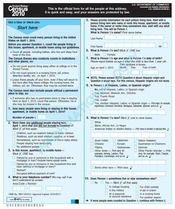 Photo of Census 2010 questionnaire