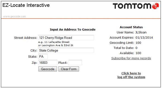 Screenshot of the Tele Atlas Geocode.com address submission window
