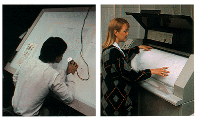 Vector digitizing with a tablet (left); rasterdigitizing with a drum scanner (right)