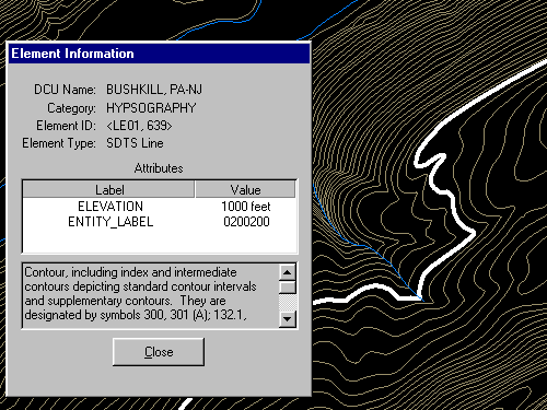 Attributes of a contour line in a DLG hypsography layer, viewed in Global Mapper software