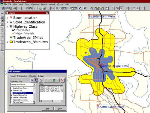 Screenshot of downtown Seattle GeoMap. How far you could get in 3 vs. 8 minutes