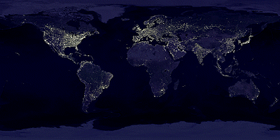 Nighttime composite image of earth showing lights from cities and towns. most light in US, Europe, middle east, india & china