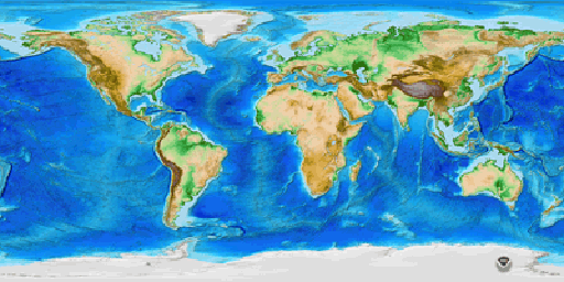 World map generated from ETOPO1 global terrain (with ice heights) and bathymetry data