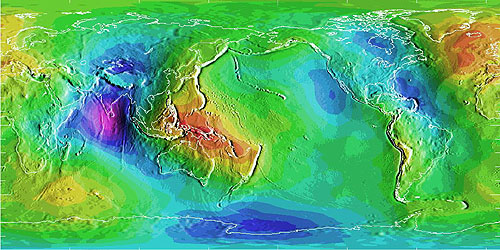 Map of differences in elevation between geoid model and ellipsoid model, color coded and explained above