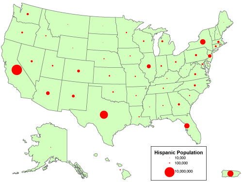 A US proportional circle map of hispanic population with largest circles in California, Texas, Illinois, Florida, and New York