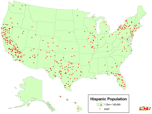 A US dot density map of hispanics with the most dots in California, Texas, Florida, Illinois, and New York